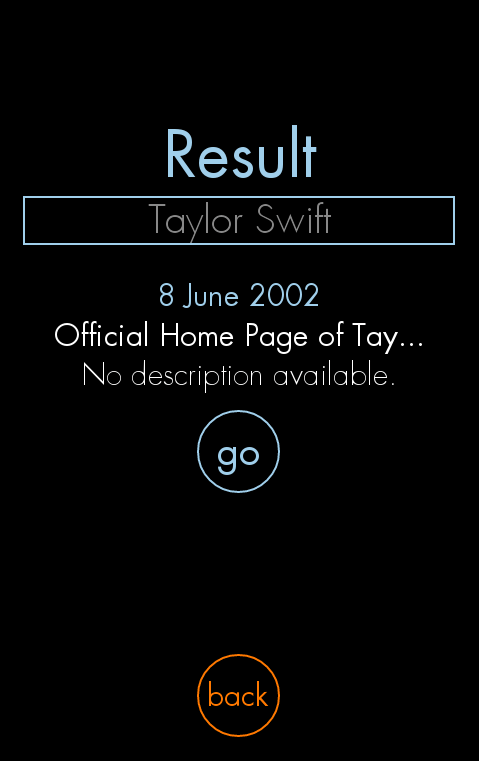 FirstMention successfully shows a result for the query "Taylor Swift" from 2002.