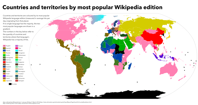 Map of countries and territories by most popular Wikipedia edition (2014 Q1). Click on image for full size.