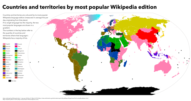 Map of countries and territories by most popular Wikipedia edition (2014 Q1). Click on image for full size.