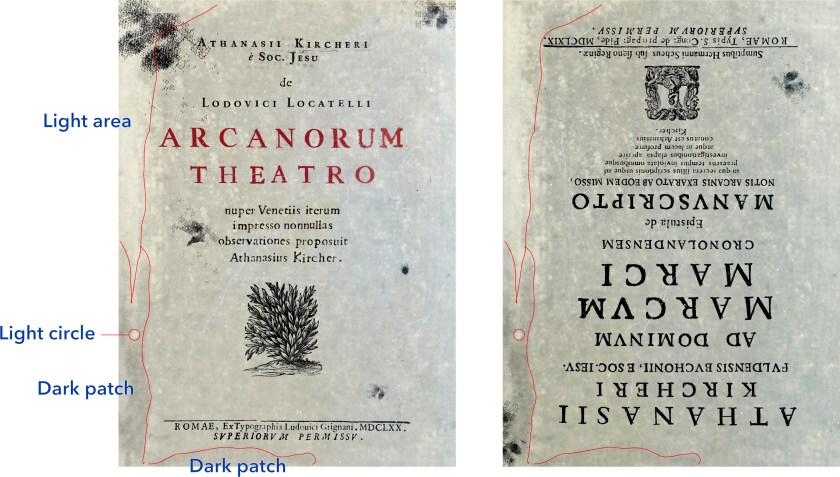 Comparison of the backgrounds of the Kircher booklets, with one flipped upside down. Click on image for full size.