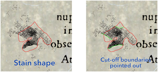 Close up of stain in left of Arcanorum Theatro with shape (red) and cut-off boundaries (green) indicated.