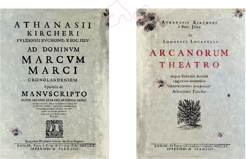 Stains in the Kircher booklet with shapes outlined in red. Click on image for full size.